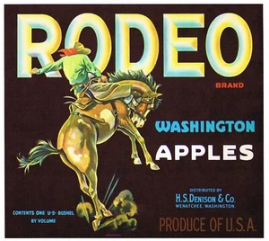 GENUINE CRATE LABEL WENATCHEE VINTAGE WESTERN COWBOY RODEO COWPOKE BRONCO 1940S - Picture 1 of 1