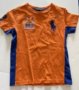 Polo Ralph Lauren T-Shirt Boys 7 Blue Side Stripe 3 Big Pony USA Flag Cotton - Picture 1 of 8