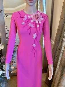 Ao Dai Thiết Kế Hoa Nổi, Beaded,Double Layers Designer Long Dress With Pants 2XL - Picture 1 of 4