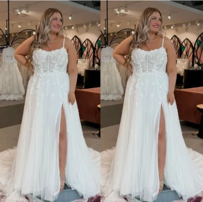 White Ivory Wedding Dresses with Straps Side Split Lace Appliques Bridal Gowns - Image 1 of 4