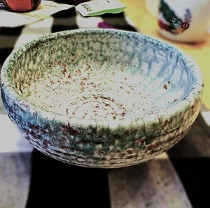 RAKU Art Pottery Bowl Turquoise White Brown signed/stamped M Madsen Blaine WA - Picture 1 of 3