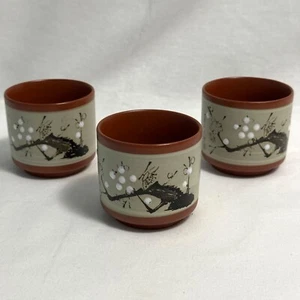 3 Japanische Terrakotta Braun Teetassen 5oz Handbemalt Kirschblüte 2,5" - Bild 1 von 20