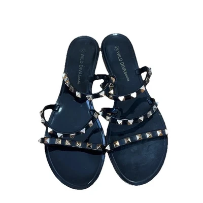 Women Black Sandals Gold Studded Flip Flops/Sandals, Black, Size 8 - Image 1 of 4