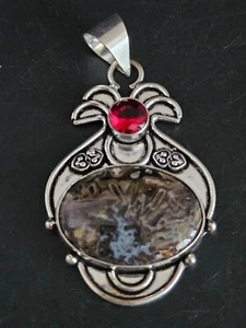 Natural Tube Agate w/ Garnet - 925 Sterling Silver Jewelry Pendant ~2.25" tall - Picture 1 of 5