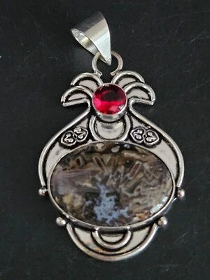Natural Tube Agate w/ Garnet - .925 Sterling Silver Jewelry Pendant ~2.25" tall - Image 1 of 4