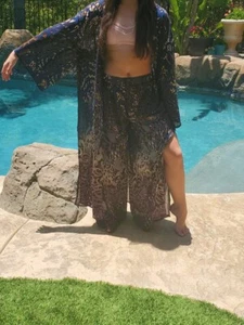 Maya Antonia Chiffon Set Kimono/Wide Leg Pants/Sheer/Flowy/Slit/Leopard/Boho - Picture 1 of 9