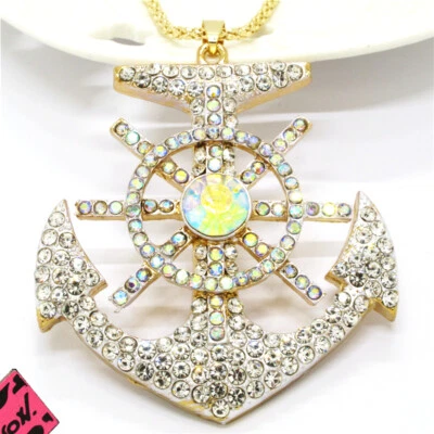Hot Fashion Women White Bling Pirate Ship Rudder Crystal Pendant Chain Necklace - Image 1 of 3