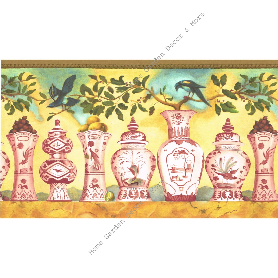 Jarrones rojos toscanos toscanos rama de frutas pájaro papel tapiz dorado borde 13,5" AMPLIO Foto 1 de 1