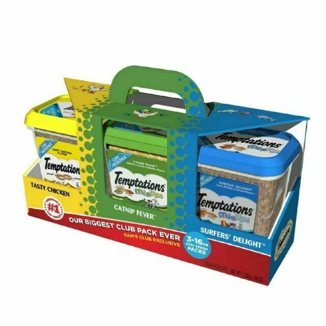 TEMPTATIONS MixUp Cat Treats Club Pack - Tasty Chicken, Catnip Fever and Surfers' Delight