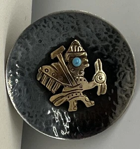 Vintage .925 Sterling 18k Gold Peru Warrior Turquoise Eye Brooch Pin Cuzco CLD - Picture 1 of 3