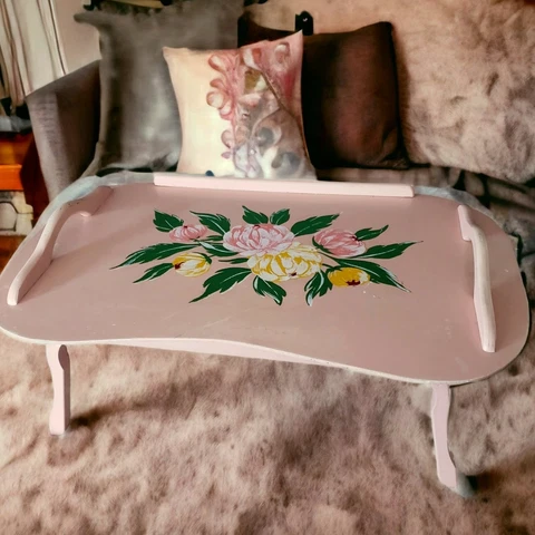 Pink Shabby Retro Bed Table Writing Desk, Vintage 1950s, Foldaway Convertible Cover