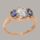 Solid 18k Rose Gold CZ & Natural Tanzanite Womens Trilogy Ring - Sizes 4 to 12