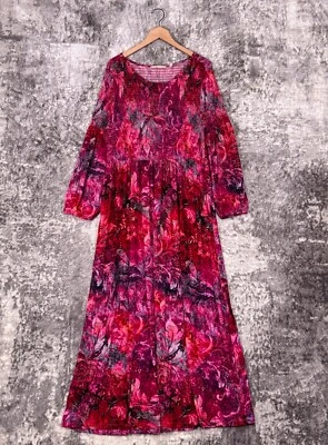 Soft Surroundings Dress Large Womens Pink Floral Smocked Long Sleeve Kaftan Maxi - Image 1 of 4