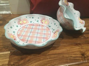 PICK ONE Bellini Italy Art Pottery pink plaid ruffled serving bowl OR platter - Picture 1 of 10