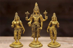 Messing Lord Vishnu Statue mit Sridevi und Bhudevi. 6 Zoll groß - Bild 1 von 4