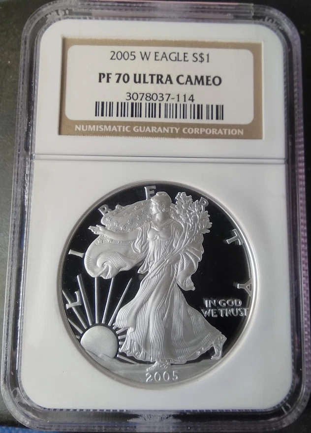 :2005-W S$1 AMERICAN EAGLE 1 OZ NGC PF 70 UC ULTRA CAMEO TOP POP HIGHEST GRADES - Image 1 of 2