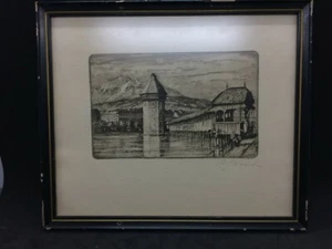 Signed A. (Anton) Storch Etching of Bridge and Town - Picture 1 of 6