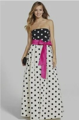 Vestido de baile Eliza J para mujer a lunares sin tirantes negro marfil talla 0 Foto 1 de 4