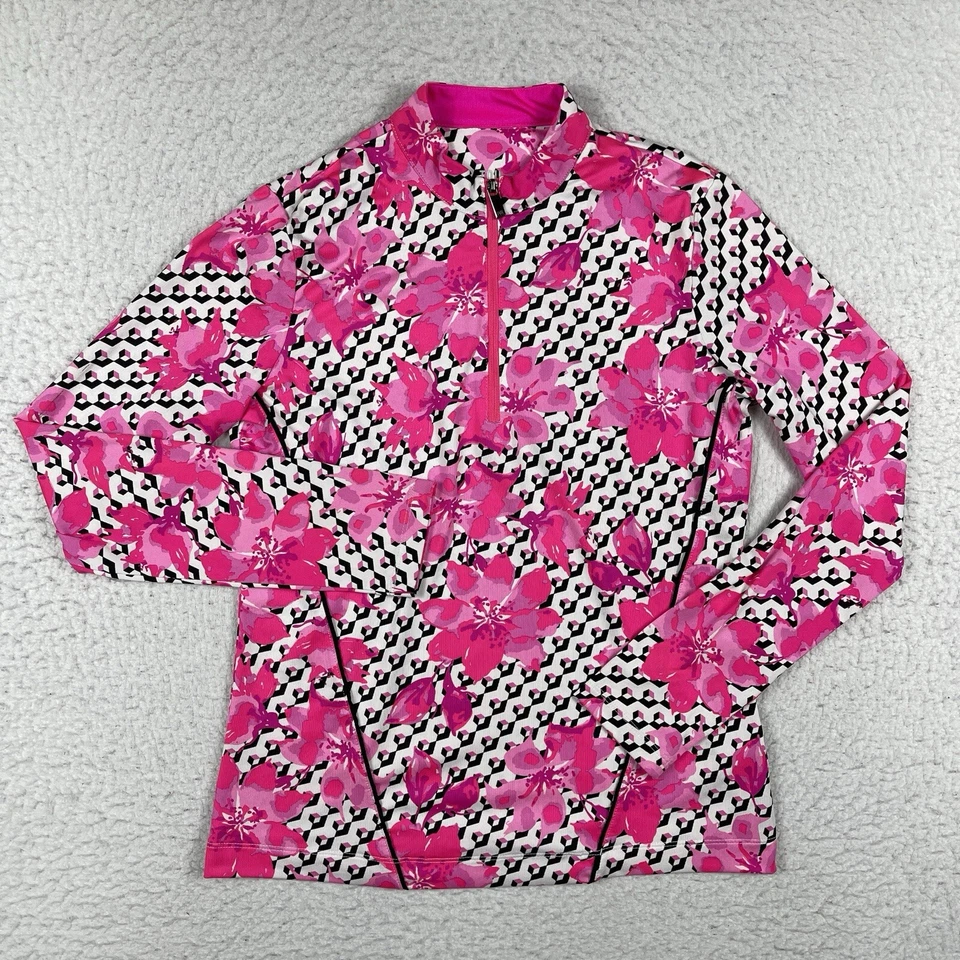 Pulôver feminino cauda etiqueta branca XS flores rosa 1/4 zíper golfe desempenho top - Imagem 1 de 4