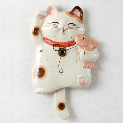 Lucky cat Maneki neko wall pendulum clock Japanese ware Pottery Right Hand up - Image 1 of 4