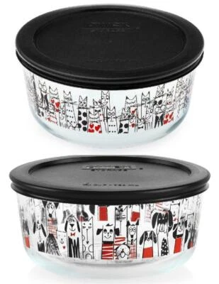 Pyrex CITY CATS or DOGS 4 Cup Storage Bowl Dressed Suit Tie KITTY PUPPY Hearts - Image 1 of 4