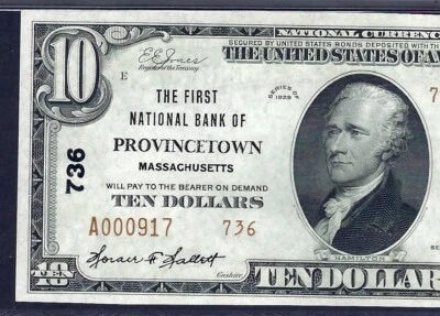 🇺🇸 MA 1929 $10 T-2  ♚♚PROVINCETOWN, MASSACHUSETTS♚♚ PMG CH UNC 64 RARE NOTE! - Image 1 of 3