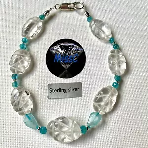 AQUAMARINE and ROCK QUARTZ 925 STERLING SILVER BRACELET, HANDMADE IN UK - Picture 1 of 6