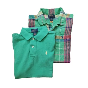 Polo Ralph Lauren Shirt Boys 6 Green Plaid Lot Of 2 Linen Button Up Short Sleeve - Picture 1 of 24