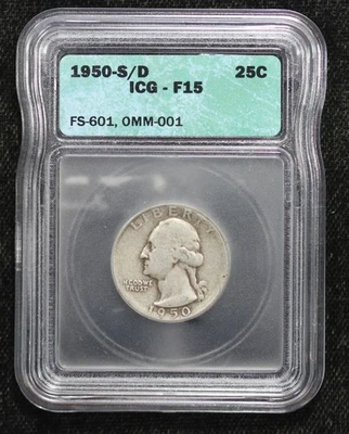 1950-S over D Washington Quarter Overpunched Mint Mark FS-601 ICG F-15 5VD8 - Image 1 of 4
