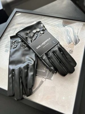 Guantes de cuero FAUX negros para mujer Karl Lagerfeld L pantalla táctil logotipo tachonado Foto 1 de 4