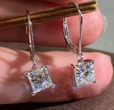 Luxury 2 Ct Princess Cut Lab Created Diamond White Gold Filled Dangle Earrings - Image 1 of 4