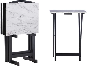 Nikki White Faux Marble Tray Table Set Include 4 Tray Tables and 1 Stand - Picture 1 of 12