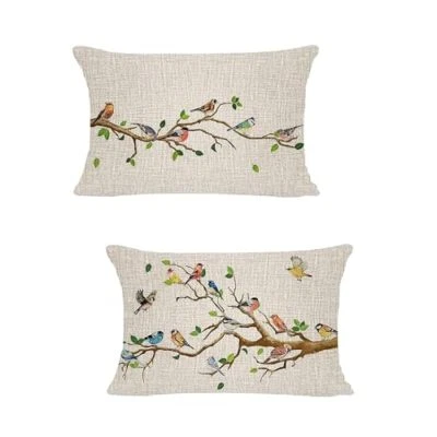 2 Pack Outdoor Fall Winter Bird Themed Lumbar Throw Colorful Birds on Branches - Image 1 of 4