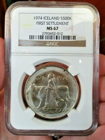 MS 67-NGC-1974 ICELAND FIRST SETTLEMENT  Silver 500 Kronor Coin -TONED-FREE SHIP Cover