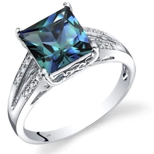 Peora 14K White Gold Princess Cut Created Alexandrite Ring , Size 7 - Picture 1 of 3