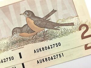 2 Consecutive 1986 Canada 2 Dollar Uncirculated AUK Thiessen Crow Banknote R859