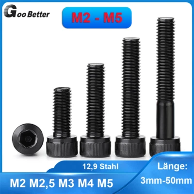 MARKENLOS M2-M5 Zylinderschrauben DIN 912 12,9 Stahl Innensechskant Schwarz Zylinderkopf