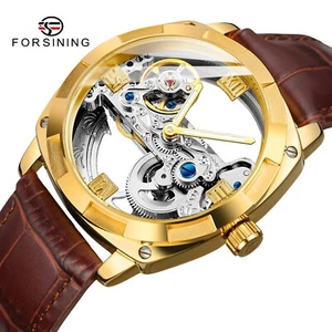 Forsining Mens Skeleton Mechanical Waterproof Luxury Watch Leather Hollow. Gift - Picture 1 of 9