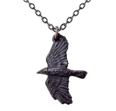 Alchemy Gothic Protective Ravenine Flying Black Raven Crow Pendant Necklace P697 - Image 1 of 4