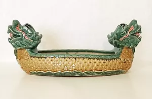 14 inch Long Ceramic Bamboo Planter Pot Vase with Dragon Boat Design - Picture 1 of 3