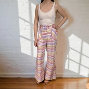True Vintage 60s 70s Seersucker Plaid High Waisted Wide Leg Bellbottom Pants - Picture 1 of 24