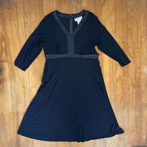 Vintage Beaded Satin Trim Dress Size Large/XL 1990s Navy Blue Stretch Knit Maxi - Picture 1 of 7