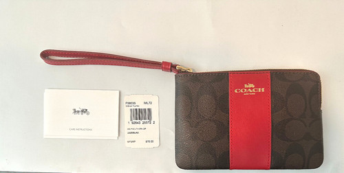 "Pochette portafoglio da polso Coach nuovo con etichette marrone e rosso cerniera firma tela 6"