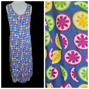 Retro 90s Fruit Print Colorful Maxi Button Down Dress Long Rayon Sz L Or Loose M - Picture 1 of 12