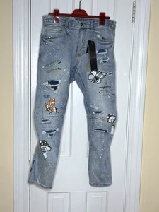 Smoke Rise Graphic Bomb Distressed Grafitti Denim Jeans Speckle Paint 34x32 - Picture 1 of 6