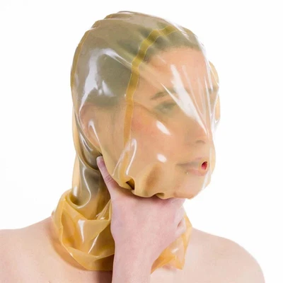 Máscara de goma con capucha de látex transparente con orificio de respiración para fetiche BDSM sin cremallera Foto 1 de 4