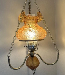 Fenton Poppy Swag Lamp Hanging Light Amber Gold Hurricane Ruffled Retro MCM - Picture 1 of 9