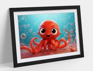 CUTE RED OCTOPUS WITH BUBBLES, PIXAR STYLE  -FRAMED ART POSTER PAPER PRINT - Picture 1 of 10