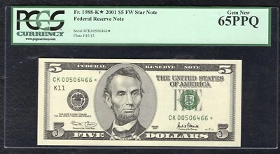 FR 1988-K* 2001 $5 FW *STAR* FEDERAL RESERVE NOTE DALLAS, TX PCGS GEM UNC-65PPQ - Image 1 of 2