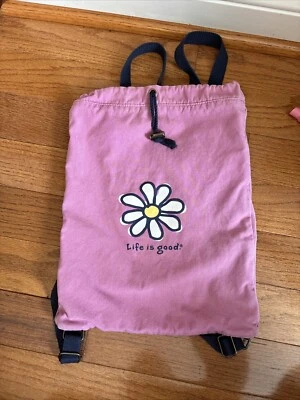 Life is Good pink daisy book bag knapsack drawstring Yoga School Travel Bag - Image 1 of 4